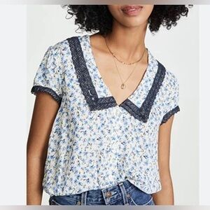 Sweet Free People Ana Lace-Trim Floral Print Blouse Blue Short Sleeve Cropped
